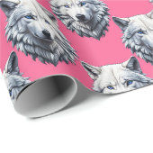 Wit Wolf Hoofd Patroon Design Roze  Cadeaupapier (Rol Hoek)
