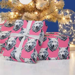 Wit Wolf Hoofd Patroon Design Roze Cadeaupapier