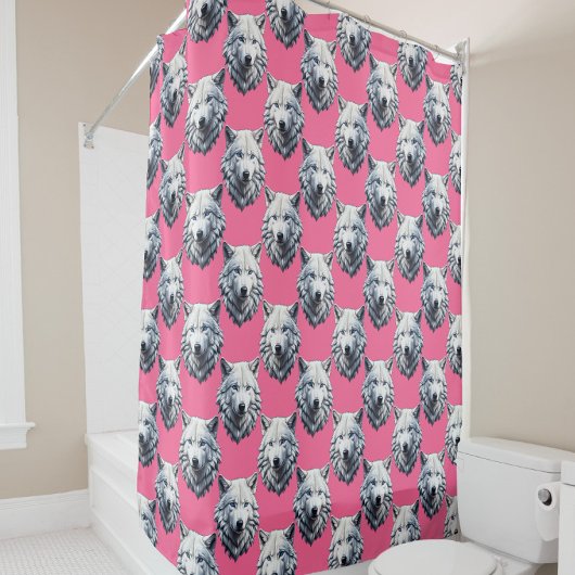 Wit Wolf Hoofd Patroon Design Roze  Douchegordijn