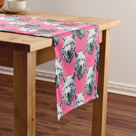Wit Wolf Hoofd Patroon Design Roze Korte Tafelloper