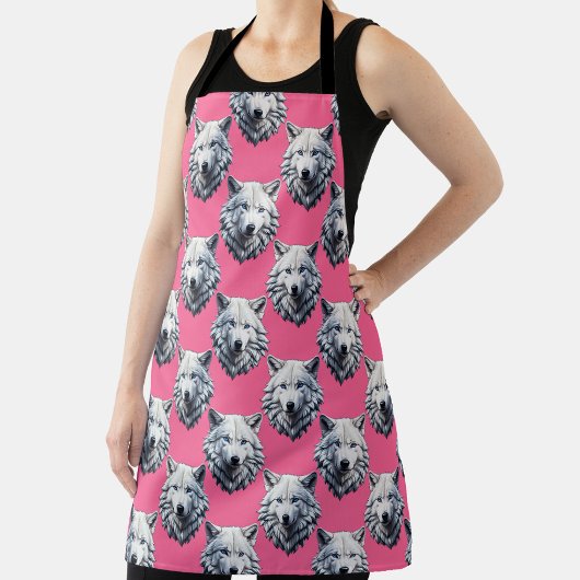 Wit Wolf Hoofd Patroon Design Roze Schort