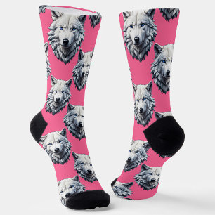 Wit Wolf Hoofd Patroon Design Roze Sokken
