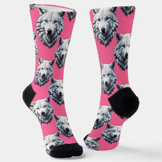 Wit Wolf Hoofd Patroon Design Roze Sokken