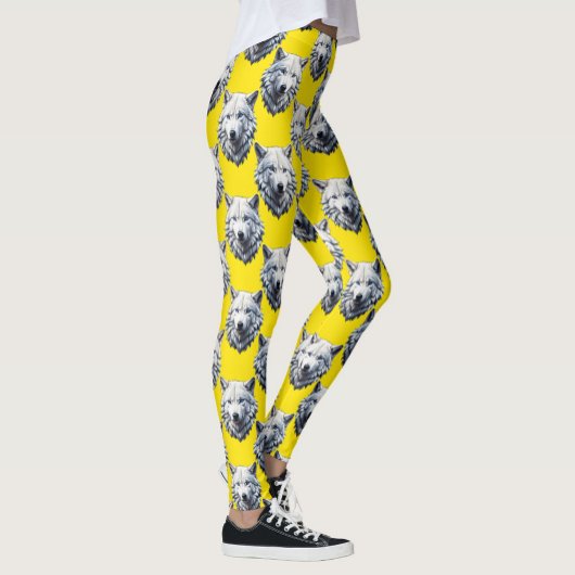 Wit Wolf Hoofd Patroon Ontwerp Geel  Leggings