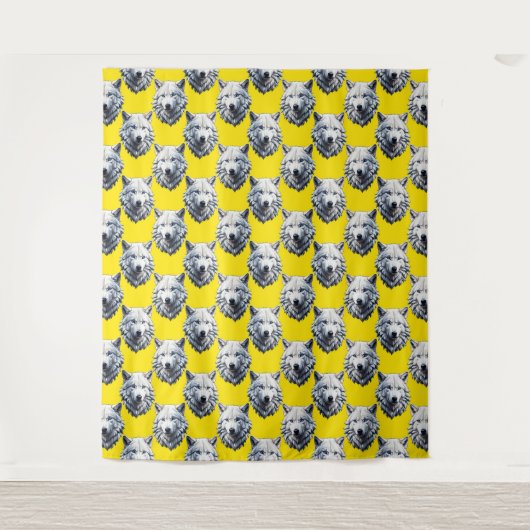 Wit Wolf Hoofd Patroon Ontwerp Geel Wandkleed (Voorkant)