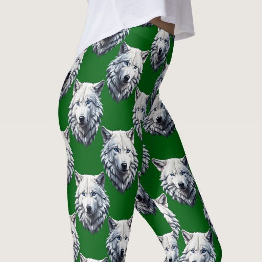 Wit Wolf Kop Patroon Design Groen Leggings