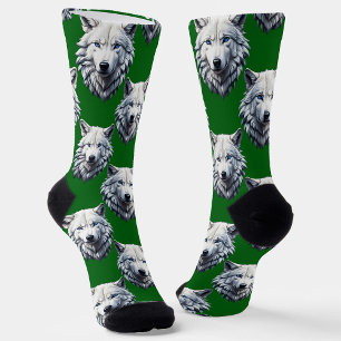 Wit Wolf Kop Patroon Design Groen Sokken