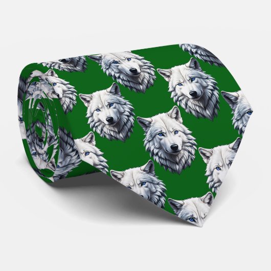 Wit Wolf Kop Patroon Design Groen Stropdas (Opgerold)