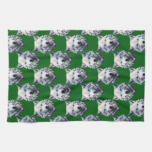 Wit Wolf Kop Patroon Design Groen Theedoek (Horizontaal)