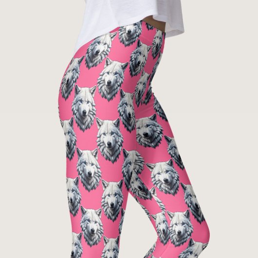 Wit Wolf Kop Patroon Design Roze  Leggings