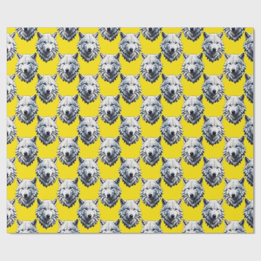 Wit Wolf Kop Patroon Ontwerp Geel Cadeaupapier (Vlak)