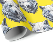 Wit Wolf Kop Patroon Ontwerp Geel Cadeaupapier (Rol Hoek)