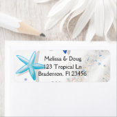 Wit Zand en Blauwe Zeesterren Strand Etiket (Insitu)