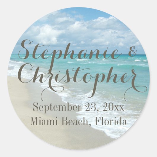 Wit Zand Strand Bruiloft Favor Ronde Sticker (Voorkant)