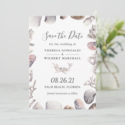 Wit Zee Shell Beach Bruiloft Save the Date Kaart (Staand voorkant)