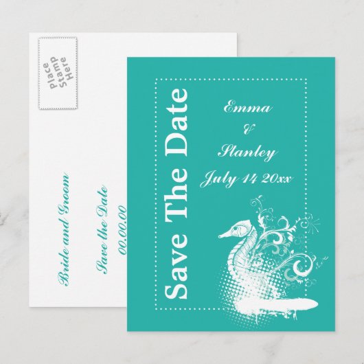 Wit zeepaardlicht zee groene zomerbruiloft aankondigingskaart (Voorkant / Achterkant)