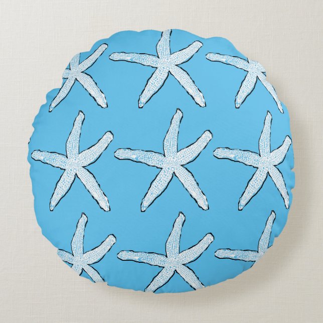 Wit Zeesterpatroon Strand Hemelblauw Kerstmis Rond Kussen (Voorkant)
