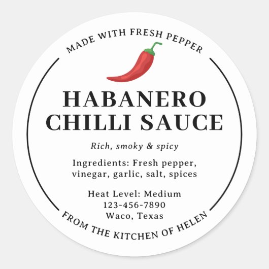 Wit zelfgemaakte Habanero chilisaus potlabel Ronde Sticker (Voorkant)