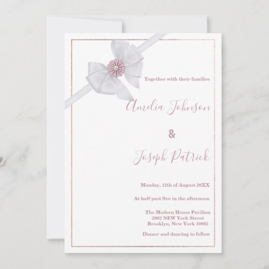 Wit-zijden boeg roze bloembruiloft uitnodiging (Voorkant)