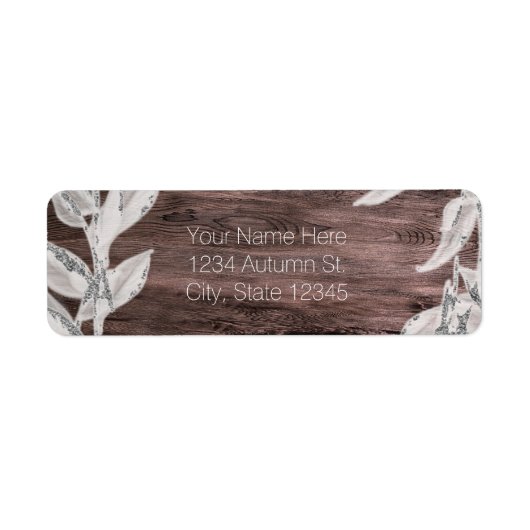 Wit & Zilver Bladeren & Rustiek Hout Elegant Etiket (Voorkant)