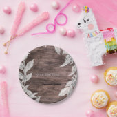 Wit & Zilver Bladeren & Rustiek Hout Elegant Papieren Bordje (Feest)