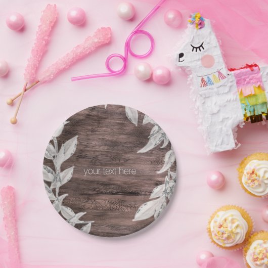 Wit & Zilver Bladeren & Rustiek Hout Elegant Papieren Bordje (Feest)