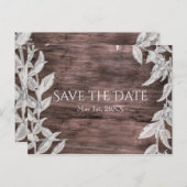 Wit & Zilver Bladeren & Rustiek Hout Save the Date Aankondigingskaart (Voorkant / Achterkant)