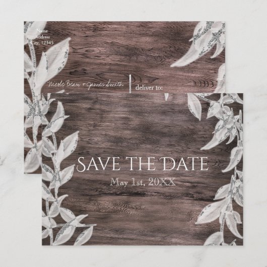 Wit & Zilver Bladeren & Rustiek Hout Save the Date Aankondigingskaart (Voorkant / Achterkant)