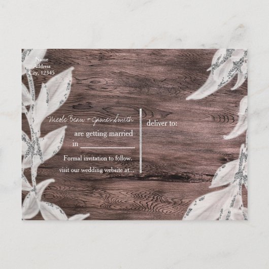 Wit & Zilver Bladeren & Rustiek Hout Save the Date Aankondigingskaart (Achterkant)