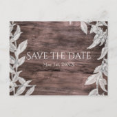 Wit & Zilver Bladeren & Rustiek Hout Save the Date Aankondigingskaart (Voorkant)
