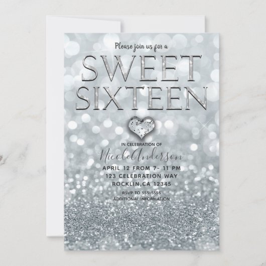 Wit Zilver Glitter Bokeh Glam Sweet 16 Party Kaart (Voorkant)