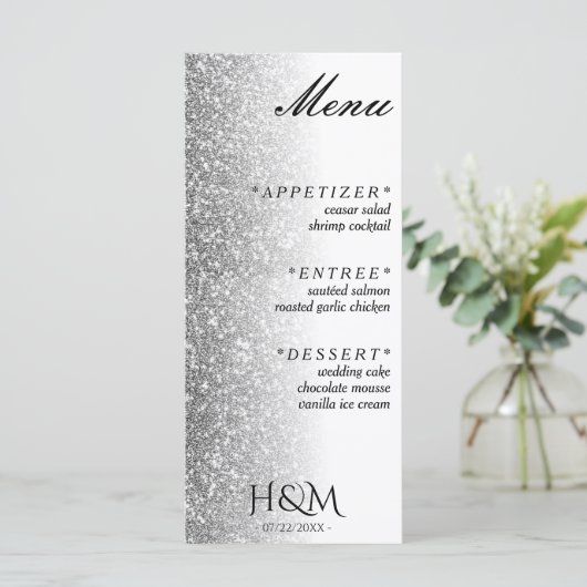 Wit & Zilver Glitter Diner Bruiloft Receptie Menu (Staand voorkant)