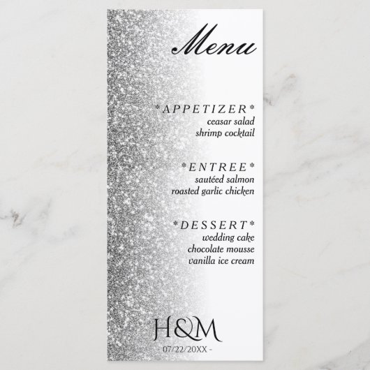 Wit & Zilver Glitter Diner Bruiloft Receptie Menu (Voorkant)