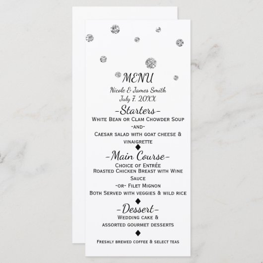 Wit & Zilver Glitter Stippen Modern Wedding Menu (Voorkant / Achterkant)