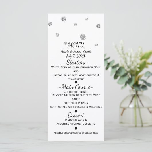 Wit & Zilver Glitter Stippen Modern Wedding Menu (Staand voorkant)
