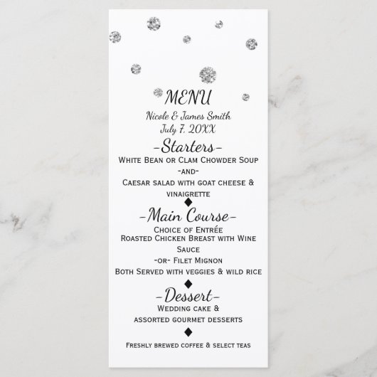 Wit & Zilver Glitter Stippen Modern Wedding Menu (Voorkant)