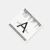 Wit Zilver Glitter Zwart Monogram Verjaardag Servet (Hoek)