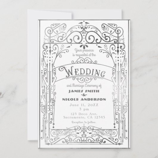 Wit & Zilver Victoriaans Deco Bruiloft Kaart (Voorkant)