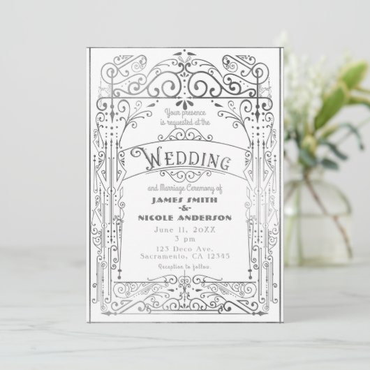 Wit & Zilver  Victoriaans Deco Bruiloft Kaart (Staand voorkant)