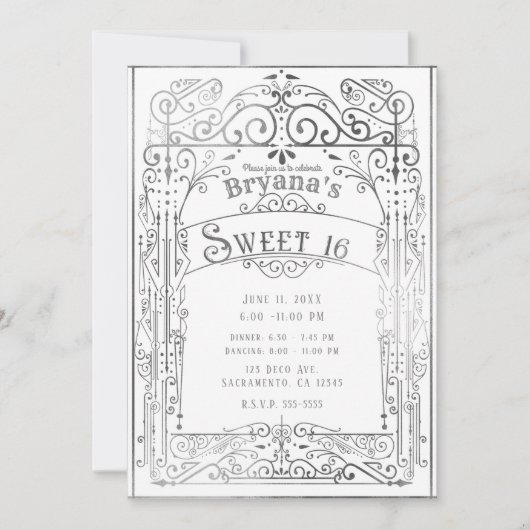 Wit & Zilver  Victoriaans Deco Sweet 16 Kaart (Voorkant)