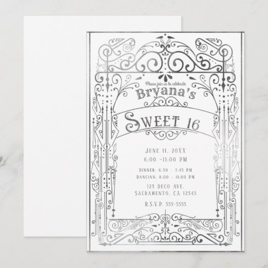 Wit & Zilver  Victoriaans Deco Sweet 16 Kaart (Voorkant / Achterkant)