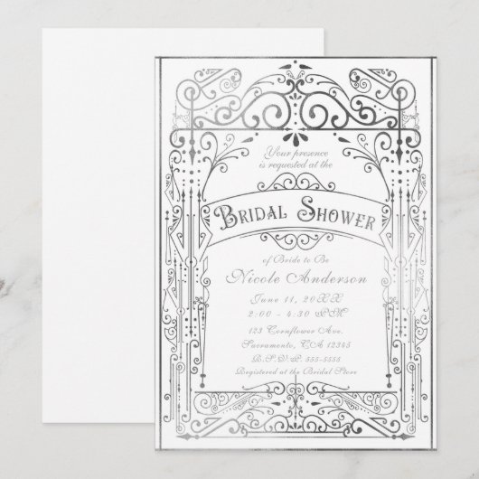 Wit & Zilver Vintage Victoriaanse Bruidsshower Kaart (Voorkant / Achterkant)