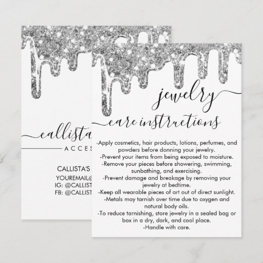 Wit Zilveren Chunky Glitter Drip Sieraden Care Kaa Notitiekaartje (Voorkant / Achterkant)