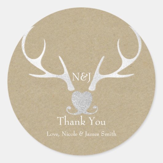 Wit Zilveren gewei & Bruin Huwelijksgunst Ronde Sticker (Voorkant)