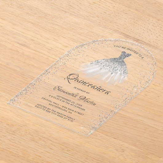 Wit Zilveren Glitter Jurk Quinceañera Party Acryl Uitnodigingen (Laagn)
