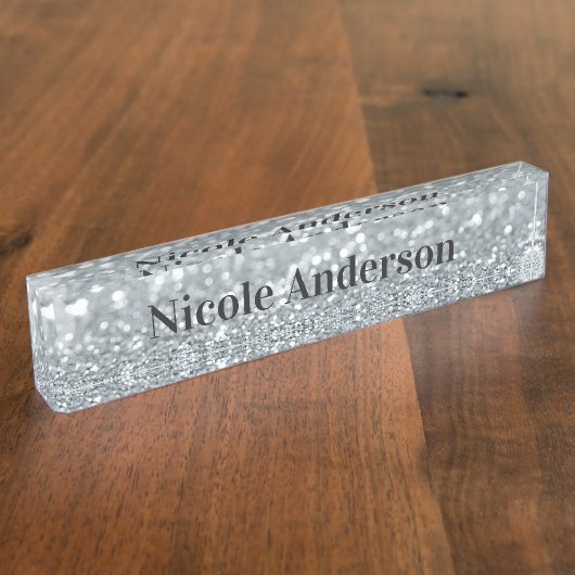 Wit Zilveren Glitter Sparkle Gift Elegante Glam Naambordje (Zijkant)
