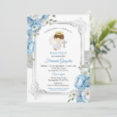 Wit Zilveren Jongen Spaans Bautizo Blauwe Bloemen Kaart (Staand voorkant)