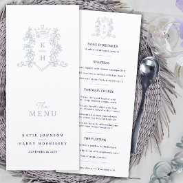 Wit zilveren paarse kroonkam monogram bruiloft menu