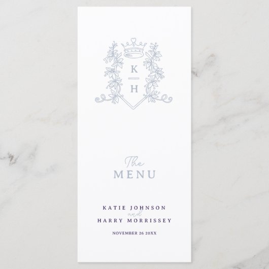 Wit zilveren paarse kroonkam monogram bruiloft menu (Voorkant)