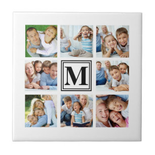 Wit Zwart 8 Familie Foto Collage Monogram Tegeltje